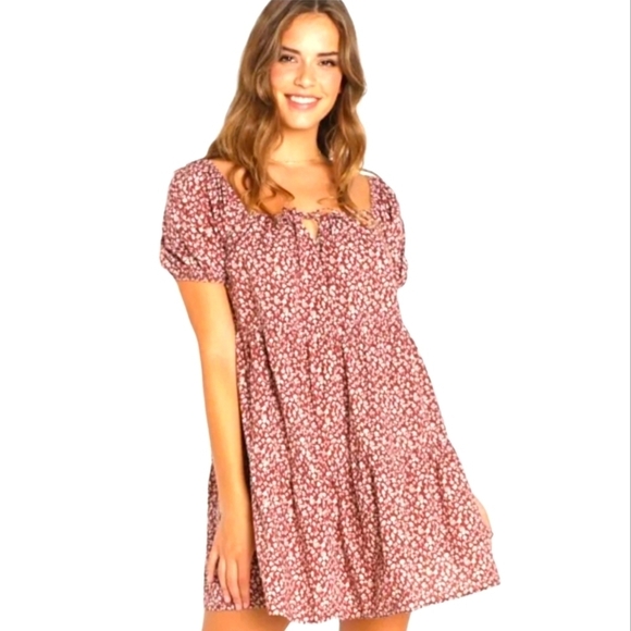 Lacausa Playa Mini Dress Babydoll Romantic Puff Sleeve Mushroom Brn Print SM NWT - Picture 1 of 16